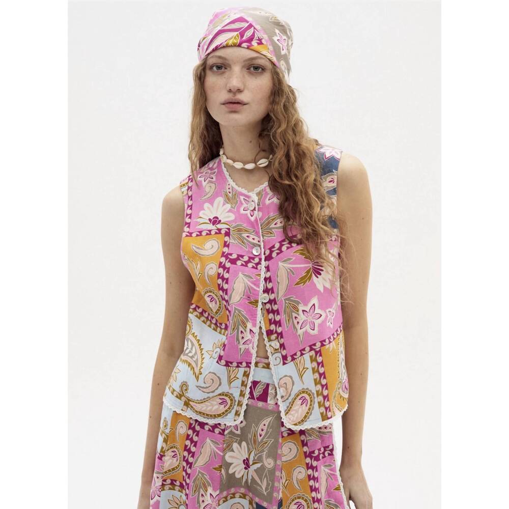 NEW LANHTROPY folk linen top in pink